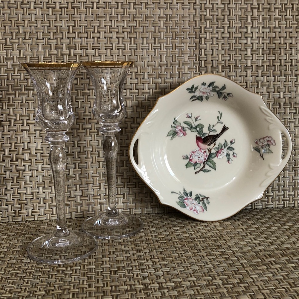Bundle Lenox Serenade Candy Dish And Pair Of  Glass Candlesticks With Gold Trim